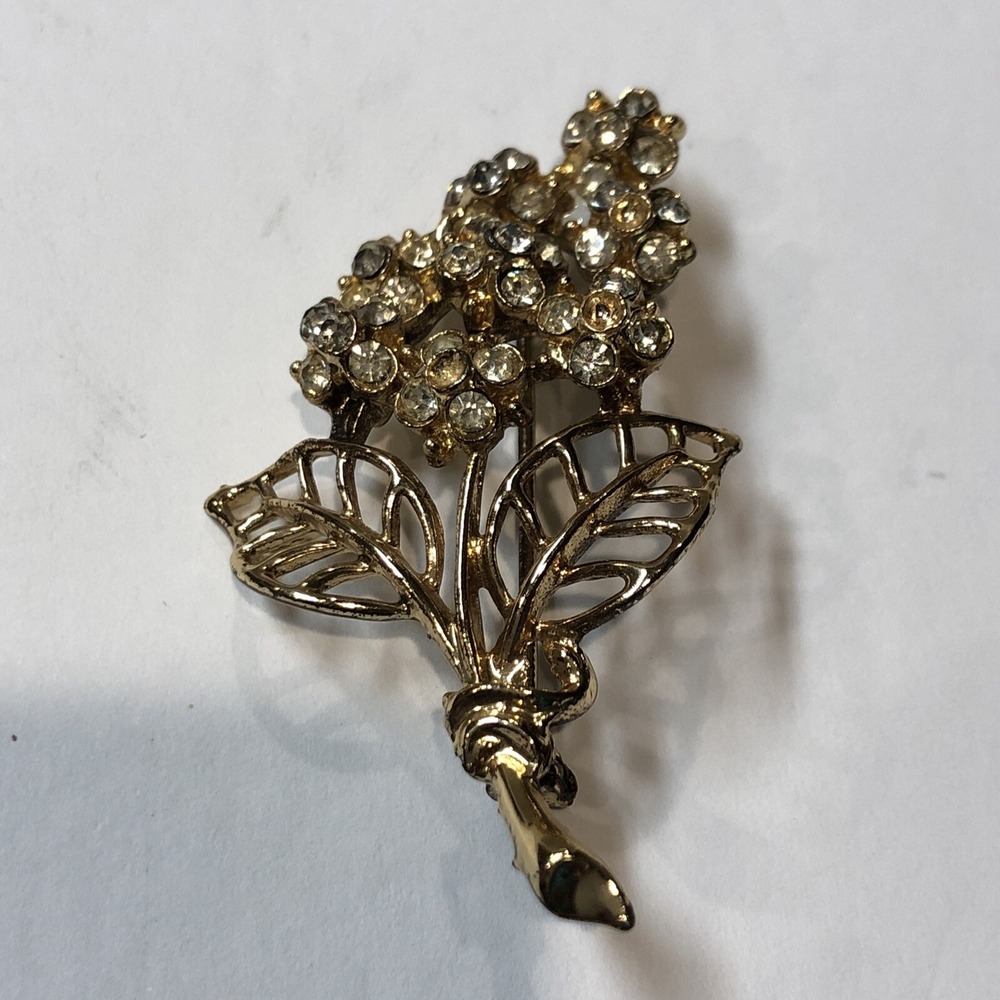 Vintage Gold Tone Flower Bouquet Lapel Pin Clear Rhinestones 2x1.25"